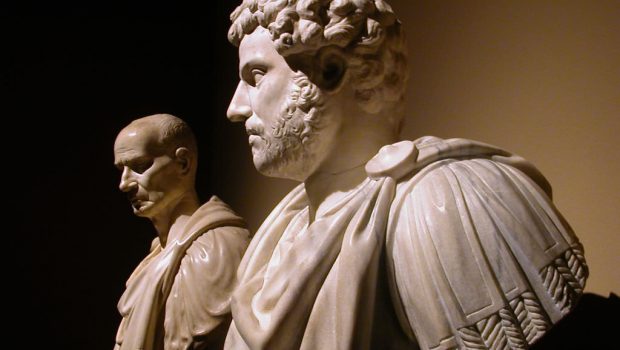 Picture of two ancient Roman men in marble sculpture