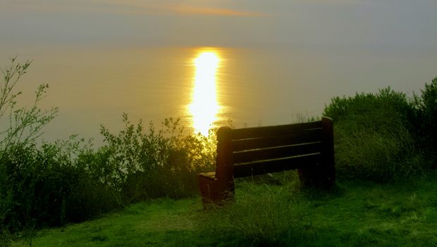 Picture of bench overlooking ocean sunset