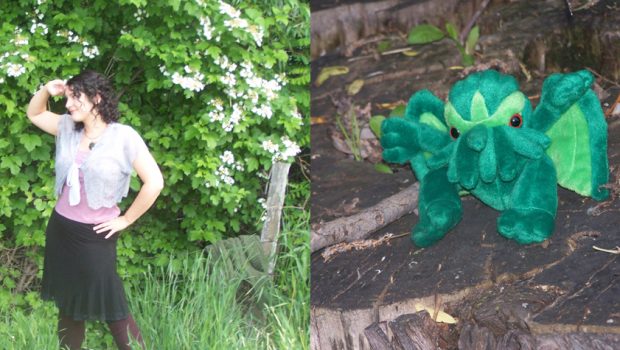 Girl not looking at hideous beast, which is actually a plushie